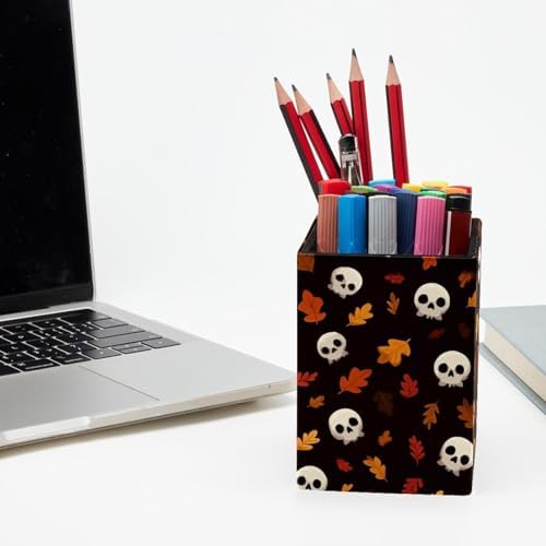Skull Pen Holder for Desk Decor, Rectangular PVC Leather Pencil Cup for Desk Pen Organizer, Makeup Brush Holder for School, Home, Office