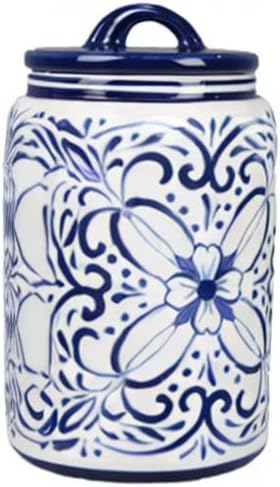Young's Inc Ceramic Blue and White Talavera Treat Jar with Silcione Seal, 8 Inch Decorative Farmhouse Canister for Kitchen, Countertop, Storage Jar for Cookies, Tea, Sugar, Candy