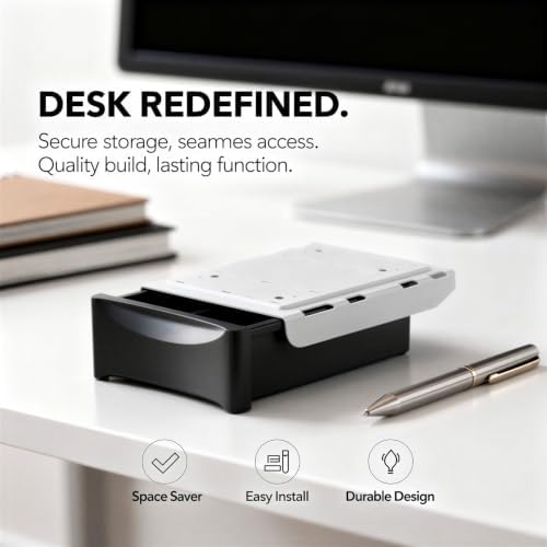 Under Desk Drawer Organizer, Invisible No Drill Pull Out Design, Large Capacity PET Hanging Storage Container with Self Tapping Screws, 8.9 x 7.5 x 2.6 in, Black, for Office and Home