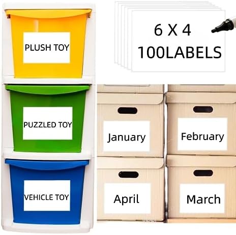 100 4" x 6" Organizing Labels for Storage Bins White Blank Large Label | Organization Name Stickers for Containers Box Bin Kitchen Storage, Moving Shipping Packing , Proof-Water/Oil, Sticky