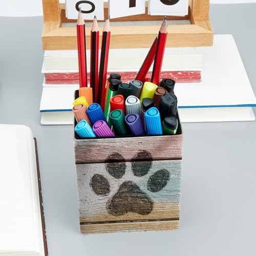 Pet Paws Pen Holder for Desk Decor, Rectangular PVC Leather Pencil Cup for Desk Pen Organizer, Makeup Brush Holder for School, Home, Office