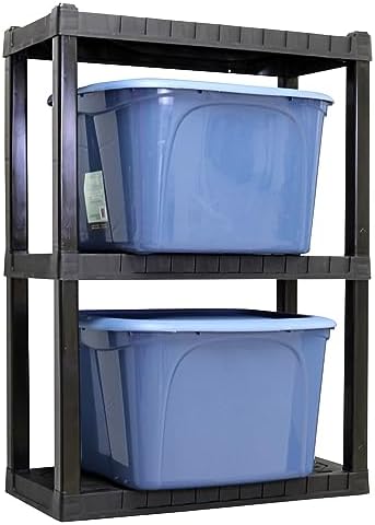 Oskar Heavy Duty Plastic Storage Shelves- for Garage, Kitchen, Bathroom Basement Kids Room, Stackable 3-Tier Black Organizer Rack for Books Shoes, Toys, Pantry, Cleaning and Closet Organization