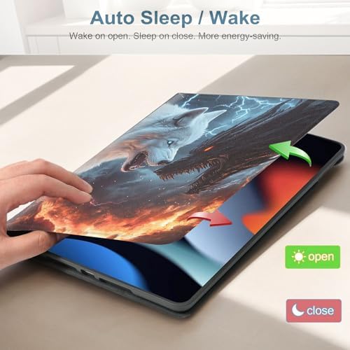 for Samsung Galaxy Tab E 9.6 Inch 2015 (SM-T560/T561/T567) Tablet Protective Cover with Adjustable Stand and Magnetic Auto Wake/Sleep,Wolf and Dragon