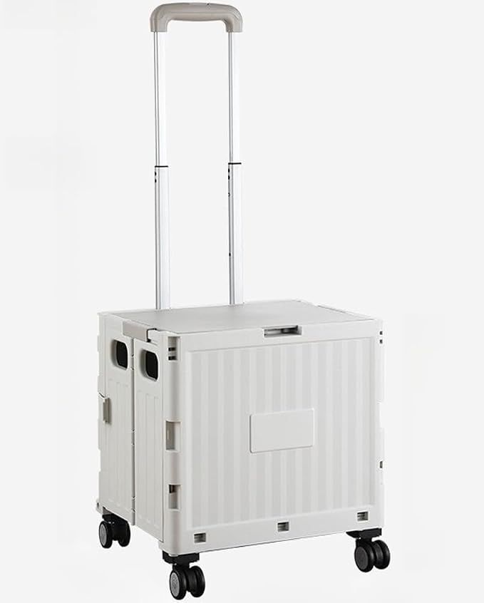 Collapsible Shopping Box Trolley on Wheels with Lid,75L Large Capacity Folding Portable Rolling Crate Handcart with Telescopic Handle for Camping (Grey,Medium Four Wheel)