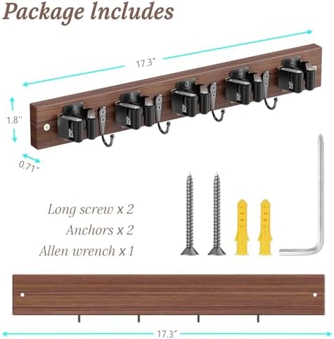 Broom Holder Wall Mount, Rustic Wood Broom Hanger with 5 Racks and 4 Hooks, Laundry Room Organization and Storage, Mop Holder for Home Decor, Garden, Garage, Kitchen, Closet (Black walnut Wood)