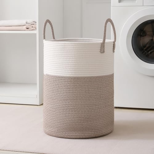 Laundry Basket Hamper Tall Rope Storage Woven for Blanket toys Dirty Clothes in Living Room Bathroom Bedroom (White&Brown, 80L/21.3Gal)