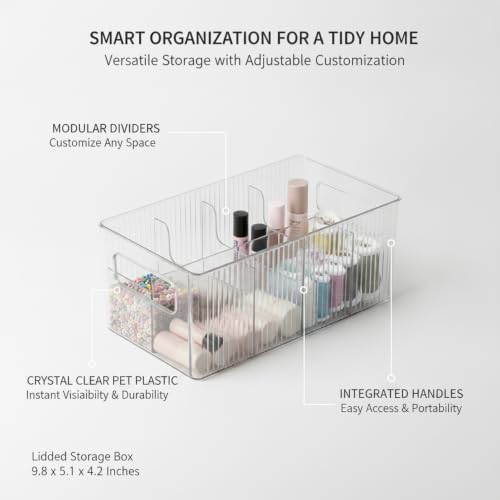 Lidded Storage Box with Adjustable Dividers, Clear PET Plastic Organizer Bin for Desktop, Crafts, and Home Organization, 9.8 x 5.1 x 4.2 Inches (1 PC)