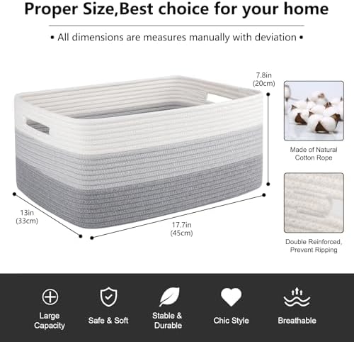 OIASKET Large Storage Basket for Organizing, Woven Rope Basket for Shelves, Closet Organizer Bins for Clothes, Blanket, Toys, Baby Nursery Storage, 17.7" x 13" x 7.87", 2 Packs Gradient Grey