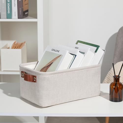 DULLEMELO Small Storage Basket for Shelves, Small Fabric Collapsible Rectangular Storage Bin for Shelves, Closets, Nursery, Home, Office, Empty Gift Basket (Beige)