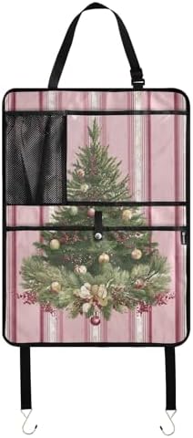 2 Pack Back Seat Car Organizer with Storage Pockets Kick Mats Back Seat Protector Hanging Car Organizer Automotive Seat Back Cover Organizers Cute Pink Striped Christmas Tree