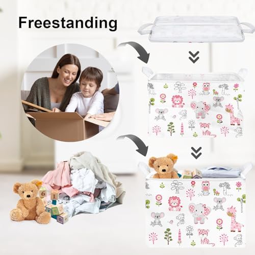 Clastyle Large Woodland Animal Baby Shower Bakset Pink Book Gift Bin, 36L | Foldable Dirty Clothes Toy Organizer Bin, Playroom Bedroom Bathroom, Girl Nursery Decor Laundry Hamper, Jungle Elephant Lion