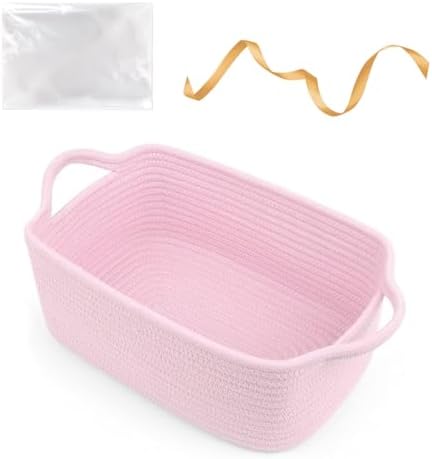 Empty Gift Basket to Fill with Handles, 12x8x5 inch - Large Woven Gifts Basket for Baby Shower, Women, Girls, Valentine Gifting - With Gift Bag & Ribbon - Pink, 1Pack