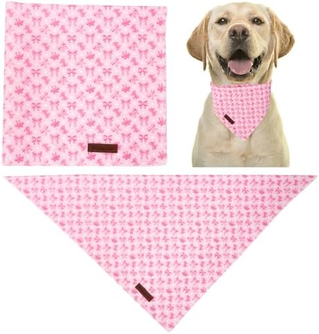 Pink Bow Dog Bandana, Bowtie Puppy Bandana for Girl Female Dogs, Soft Cotton Pet Triangle Bid Scarf Kerchief for Girl Boy Dogs or Cats