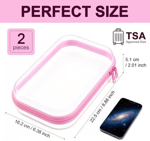 2 Pack Pink Clear Hard Shell Zipper Case, 8.86" x 6.38", Zipper Pouch
