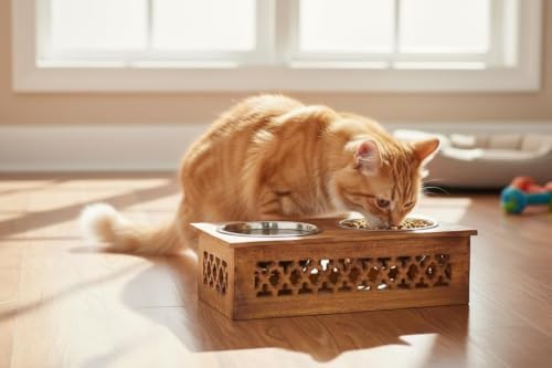 Wooden Elevated Pet Feeder Station with 2 Stainless Steel Bowls | Raised Dog & Cat Feeding Stand | Food & Water Bowl Holder for Cats, Puppies | Wooden Pet Dining Table | 16 x 8.5 x 5 Inches