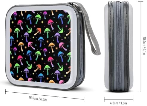 Hard Plastic CD/DVD Organizer Colorful Neon Mushrooms, 40-Disc Storage Binder with Zipper, Portable Protective Case for Car Office