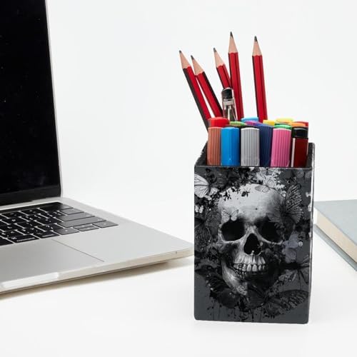 Black Skull Pen Holder for Desk Decor, Rectangular PVC Leather Pencil Cup for Desk Pen Organizer, Makeup Brush Holder for School, Home, Office