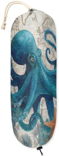Pardick Plastic Bag Holder, Vintage Ocean Octopus Grocery Bag Holder for Shopping Bags, Wall Mount Plastic Bag Storage Organizer Dispenser, Storage Holder for Home Kitchen Camper,A-7
