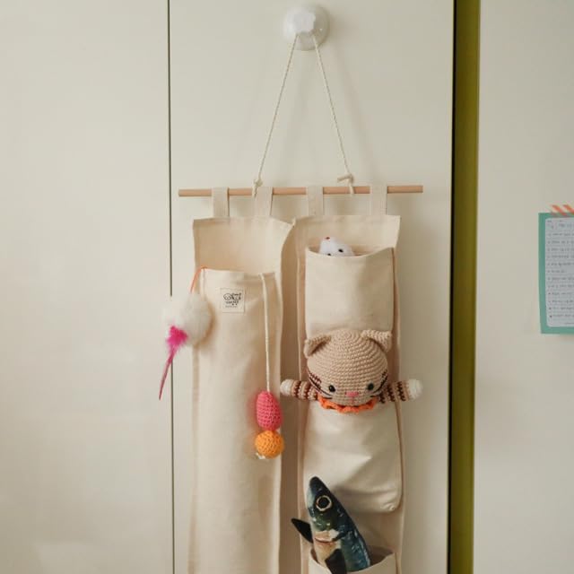 MOM N POP Hanging Cat Toy Organizer, Wall-Mounted Cat Toy Storage for Wand & Teaser Toys, Handmade Organic Cotton Toy Holder with Pockets