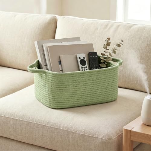 Large Green Woven Basket, 16.5" x 12.5" x 7" Empty Gift Basket, Big Cotton Rope Storage Bin for Gifts, Clothes, Towels, Books, Dog Toy Bin Box, Baby Nursery Organizer, Sage Green Room Decor