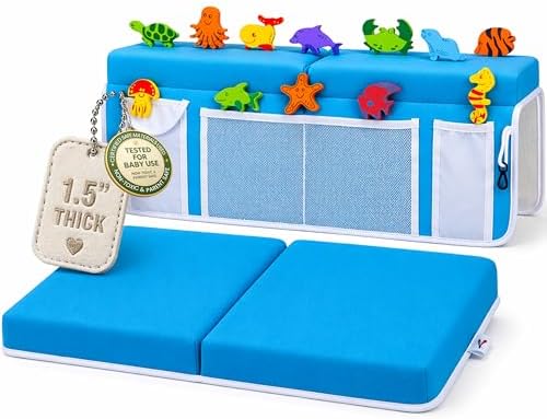 Supa Ant Bath Kneeler –8 Suction Cups & 1.5" Padding.Certified Non Toxic Bath Kneeling Pad for Bath Tub & 5 Bath Organizer. Fast Dry Baby Bath Kneeler and Elbow Rest Pad Set Blue