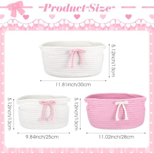 3 Pcs Bow Storage Baskets Woven Cotton Rope Laundry Hamper with Handles, Pink and White Set for Home Decor Organization, Nursery, Pet Toy Bin