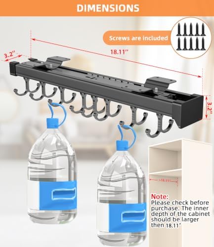 Pull Out Broom Holder With Adjustable Double Row Sliding Hook-Grey 18IN | Multifunctional Slide Broom And Mop Storage/Organizer Garage Organization Hooks, for Closet Laundry Garage Kitchen