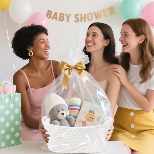 Woven Basket with Gift Bags and Ribbons, 14"X 10" X 6" Storage Basket White | Gift Storage Organizer Basket Bin Shelf Shelves Cotton Rope Basket for Nursery, Pet Toys