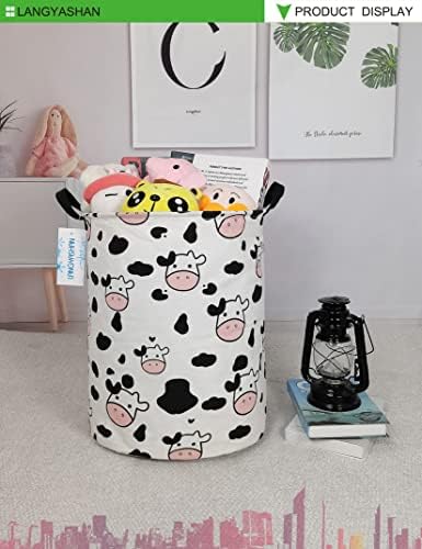 Round Laundry Basket Collapsible Storage Hamper Organizer Spotted Cow | Waterproof Canvas Foldable Baskets with sturdy Handles Multi-scene Organizer for Home Play Bedroom Gift Bin