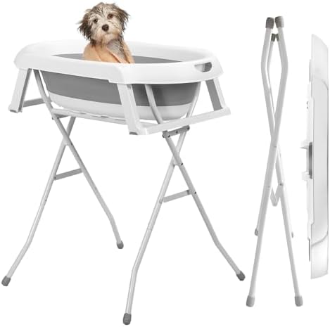 2-in-1 Foldable Dog Bathtub with Stand & Storage Rack, 34" Elevated Pet Washing Station for Small Medium Dogs Cats, Collapsible Portable Shower Tub for Indoor Outdoor Bathing and Grooming (Grey)