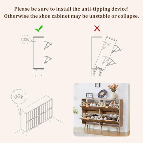 ORRD Shoe Storage Cabinet for Entryway with 4 Flip Drawers, Freestanding Narrow Wood Shoe Cabinet with Wave Panel, Hidden Shoe Organizer for Foyer, Hallway (Natural)