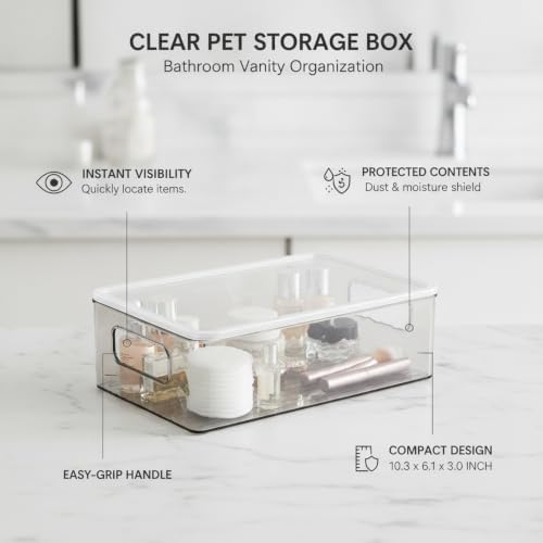Clear PET Storage Box with Handle & Lid, 10.3 x 6.1 x 3.0 Inch Transparent Organizer for Bathroom Vanity, Desktop, or Shelf (1 Pack)