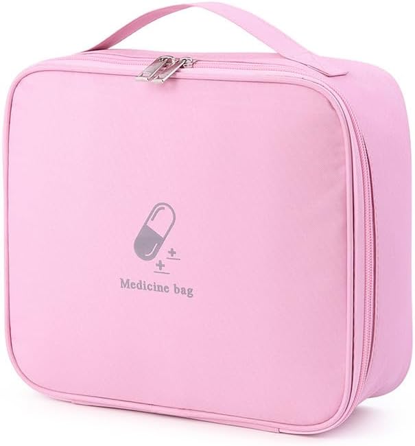 Large First Aid Bag Empty, Portable Travel Pill Bag Double Zipper First Aid Pouch with Handle for Family Outdoors Hiking Camping Car Office Workplace (Pink)