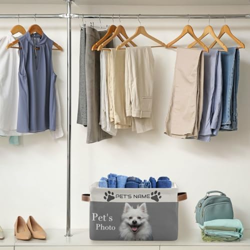 Personalized Dog Storage Basket with Handles, Customized Pet's Name and Photo Collapsible Storage Boxes Organizer Bag for Coats, Blankets, Clothes, 1PC