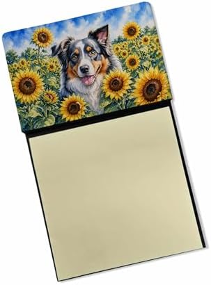 Caroline's Treasures Australian Shepherd in Sunflowers Watercolor Sticky Note Holder Refillable Dispenser Desk Accessory 3x3 Pad Gift