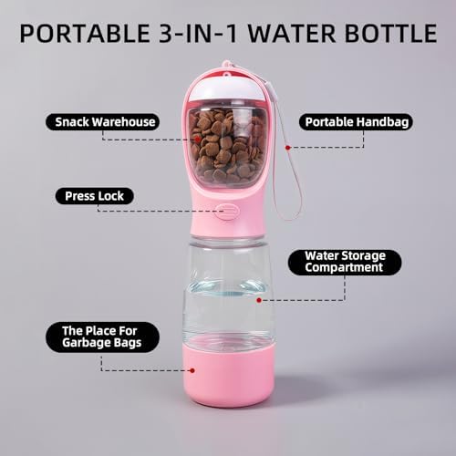 3-in-1 Portable Dog Water Bottle Leak Proof 14oz Pink | Pet Water Dispenser with Built-in Snack Storage, Waste Bag Holder, For Outdoor Walking, Hiking, Travel