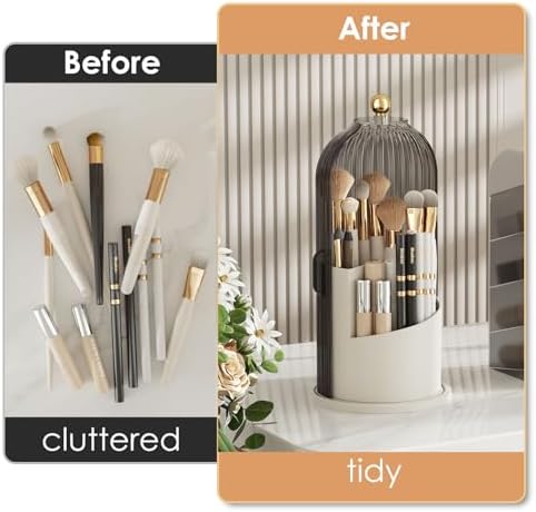 YOOLENS Makeup Brush Holder with Lid 360 Rotating Clear Dustproof Make Up Organizers for Vanity Bathroom Countertop, Gray