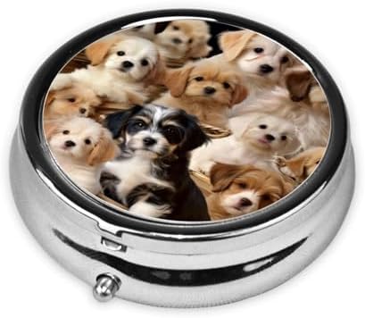 Cute Pet Dogs Pill Box with Mirror 3 Compartment Decorative Pill Case for Purse or Pocket Small Round Pill Organizer Weekly Metal Medicine Tablet Vitamin Holder Travel Gift