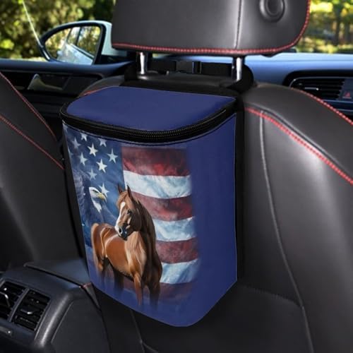 DISNIMO American Flag Eagle Horse Car Trash Can Car Accessories Organizer Garbage Bag Dustbin Container with Zipper Lid Waste Basket Storage Pockets Hanging Vehicle Trash Bin