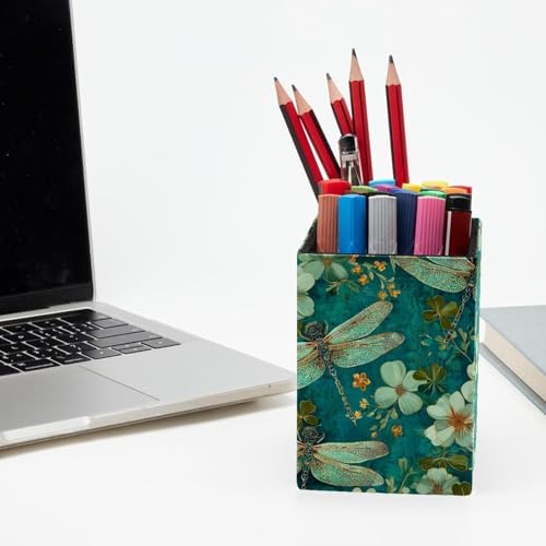 Dragonfly Pen Holder for Desk Decor, Rectangular PVC Leather Pencil Cup for Desk Pen Organizer, Makeup Brush Holder for School, Home, Office