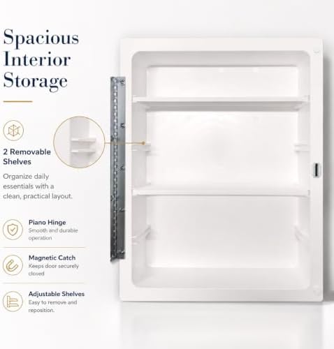 White Recessed Medicine Cabinet with Frameless Pencil Edge Mirrior Door Panel (16" x 22") with Adjustable Shelves, Wall Mounted Bathroom Storage Cabinet