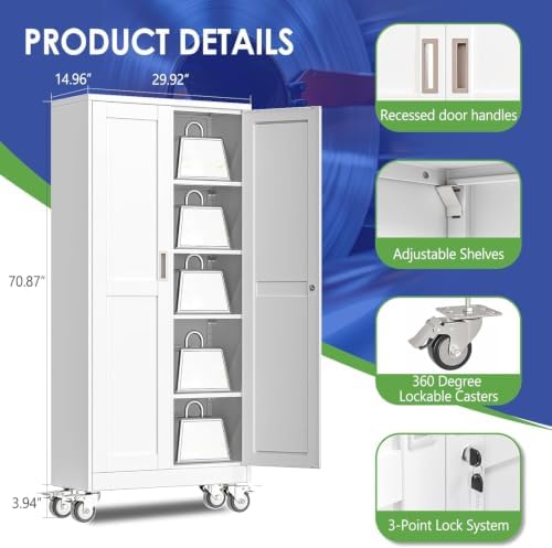 71" Metal Garage Storage Cabinet with Wheels and Locking Doors and Tall Rolling Steel Tool Cabinet with 4 Adjustable Shelves for Garage,Home,Office,Shop (White, 71''H x 30''W x15''D)