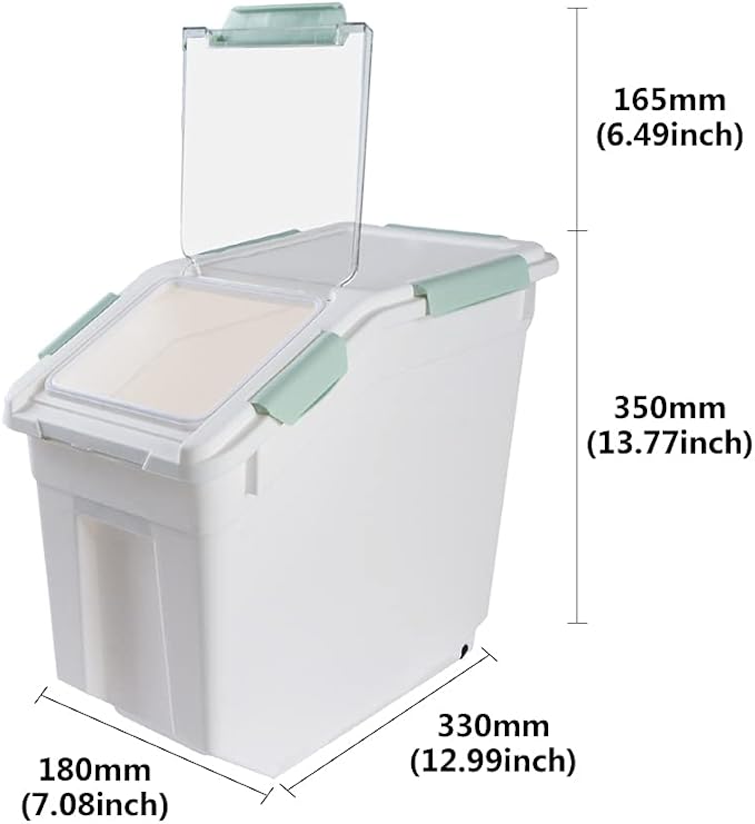 Airtight Flour Storage Container 25 lb Rice Storage Container with Wheels Seal Locking Lid, Food Containers with Measuring Cup& Scoop for Flour, Rice, Grain(Cyan)