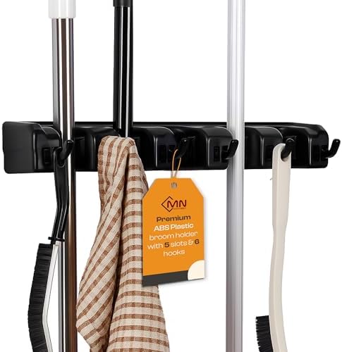 ABS Plastic Broom Holder Wall Mount, 5 Slots & 6 Hooks | Waterproof organizer for mops, brooms, rakes and tools, wall mount with screws for garage, laundry and garden