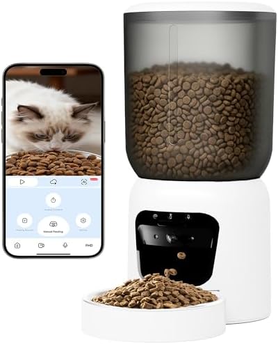 Automatic Cat Feeder with 2K Camera, 5G WiFi Smart Pet Food Dispenser for Cats & Small Dogs, 6L Large Capacity Timed Auto Feeder with App Control, Night Vision, 2-Way Audio & Detachable Design (White)