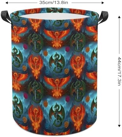 Collapsible Laundry Hamper with Handles Flame Dragon Phoenix Western Myth, Large Waterproof Clothes Basket for Bedroom, Bathroom, and Toy Storage Organization