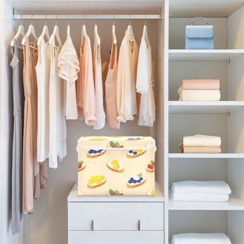 Storage Bins with Lids Fruit Topped Bread Pattern Foldable Storage Boxes with Handles Large Storage Basket Collapsible Organizer Containers for Closet Home Bedroom Office