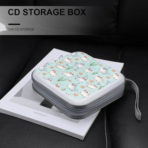 Protective CD Case 40 Capacity Blue Manatee Disc Holder Storage Binder | DVD Organizer Wallet, Blue Cute Manatee Animals, Sturdy Portable for Movie Music Game Disc