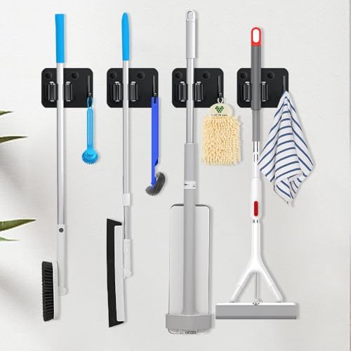 JAMEND CLXP 4-Pack Broom Holder with Heavy Duty Hooks, Upgraded Stainless Steel Mop Hanger. Wall Mount Utility Tool Rack for Kitchen Garden Laundry Garage. Matte Black.