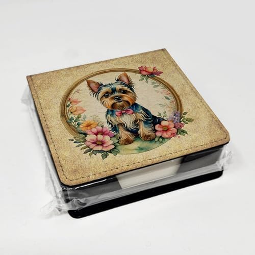 Caroline's Treasures Yorkshire Terrier and Flowers PU Leather Note Paper Holder with Artist-Designed Cover, Desk Accessory, Office Gift